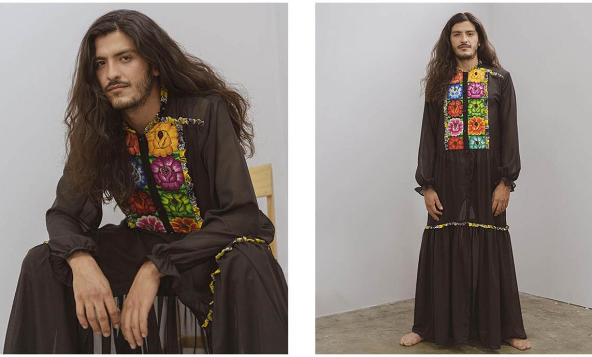 Diseñadora adapta vestidos para hombre con bordados de Oaxaca